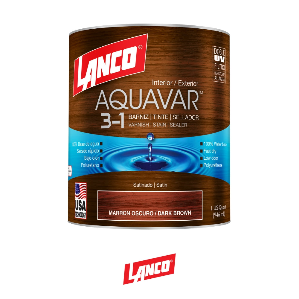 BARNIZ 3 EN 1 AQUAVAR COLOR MARRON OSCURO-DARK BROWN 1/4 GL AQ1361-5 LANCO