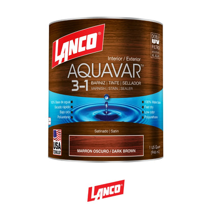 BARNIZ 3 EN 1 AQUAVAR COLOR MARRON OSCURO-DARK BROWN 1/4 GL AQ1361-5 LANCO