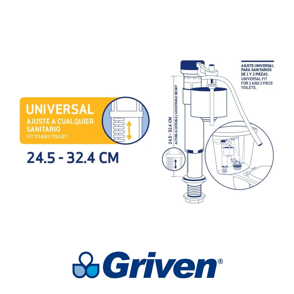 VALVULA DE LLENADO AJUSTABLE UNIVERSAL PARA TANQUE DE INODORO GRIVEN A367-MP016