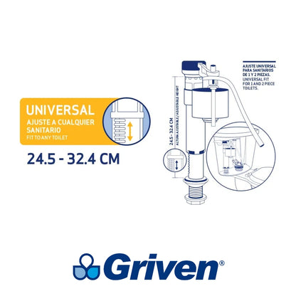 VALVULA DE LLENADO AJUSTABLE UNIVERSAL PARA TANQUE DE INODORO GRIVEN A367-MP016