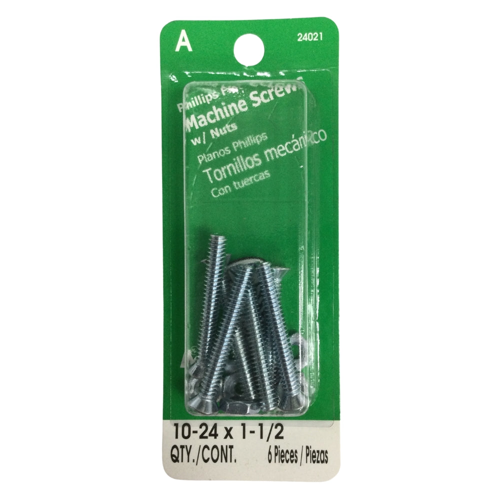 TORNILLO DE MAQUINA CON TUERCA CAB PLANA PHILLIPS N°10-24 x 1-1/2 PULGADAS ROSCA ESTANDAR
