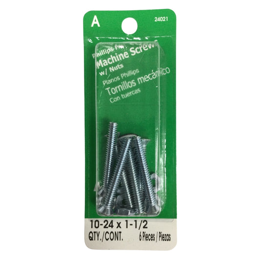 TORNILLO DE MAQUINA CON TUERCA CAB PLANA PHILLIPS N°10-24 x 1-1/2 PULGADAS ROSCA ESTANDAR