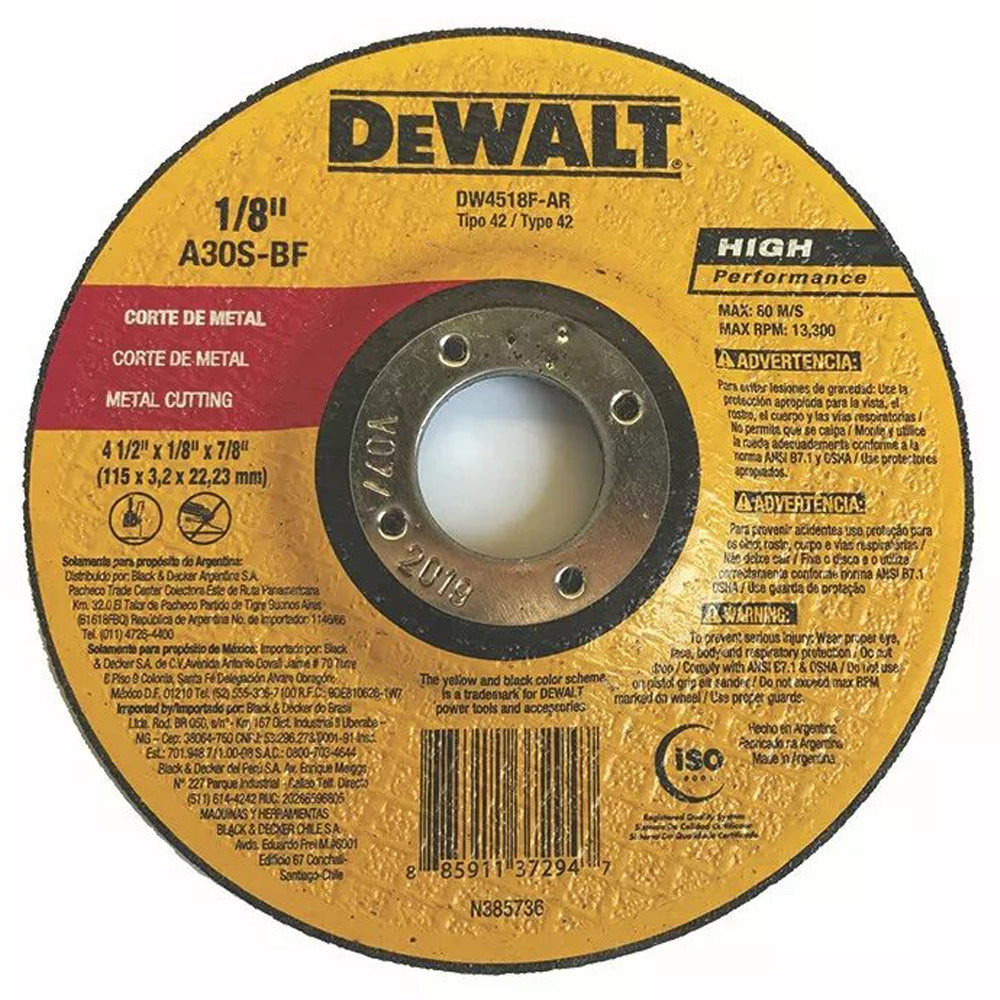 DISCO CORTE METAL  4 1/2 PULGADAS X 1/8 PULGADA X 7/8 PULGADA DW4518F DEWALT