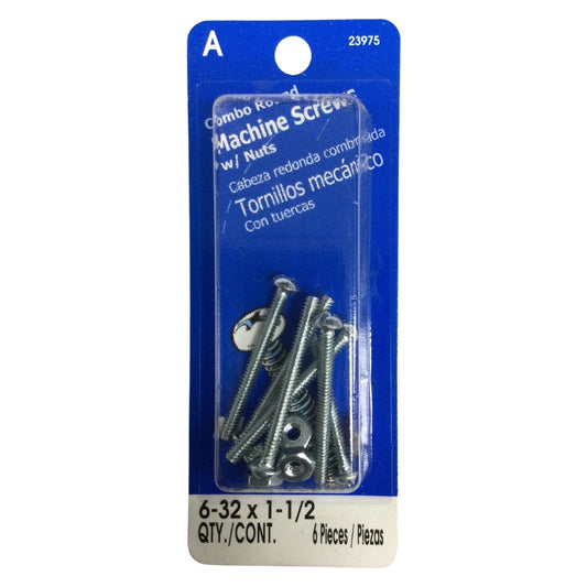 TORNILLO DE MAQUINA ZINCADO CAB REDONDA COMBO N°6-32 x 1-1/2 PULGADAS ROSCA ESTANDAR