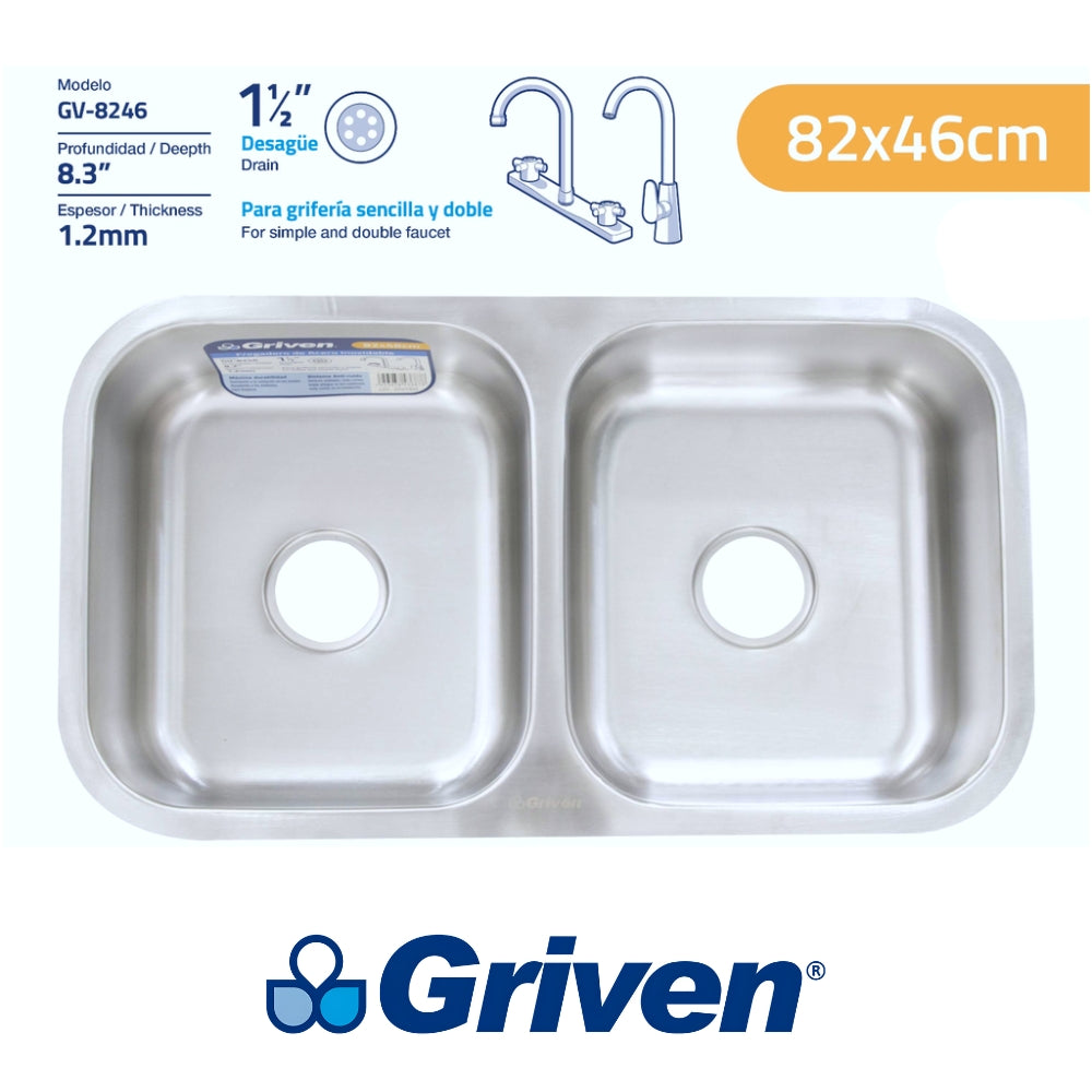 FREGADOR BAJO MESA DOBLE DE ACERO INOXIDABLE 82X46 CM (32 PULGADASX 18 PULGADAS X 8 PULGADAS) GRIVEN GV-8246