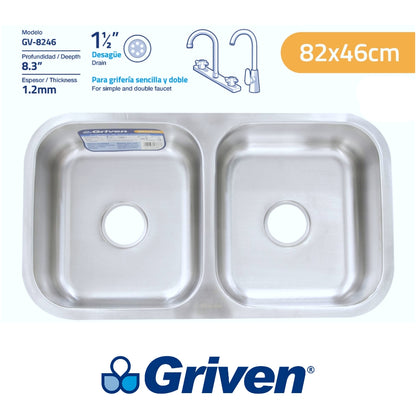 FREGADOR BAJO MESA DOBLE DE ACERO INOXIDABLE 82X46 CM (32 PULGADASX 18 PULGADAS X 8 PULGADAS) GRIVEN GV-8246