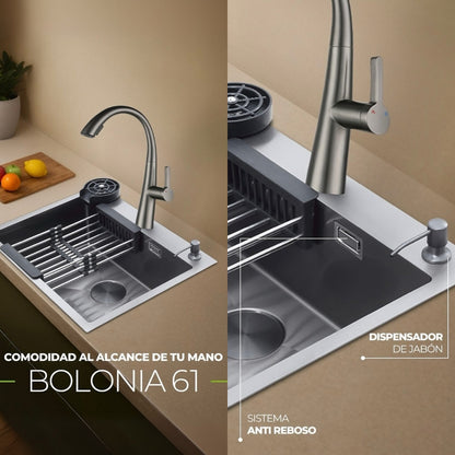 FREGADOR SENCILLO DE ACERO INOXIDABLE SATINADO 61CM DE LUJO (BOLONIA 61)