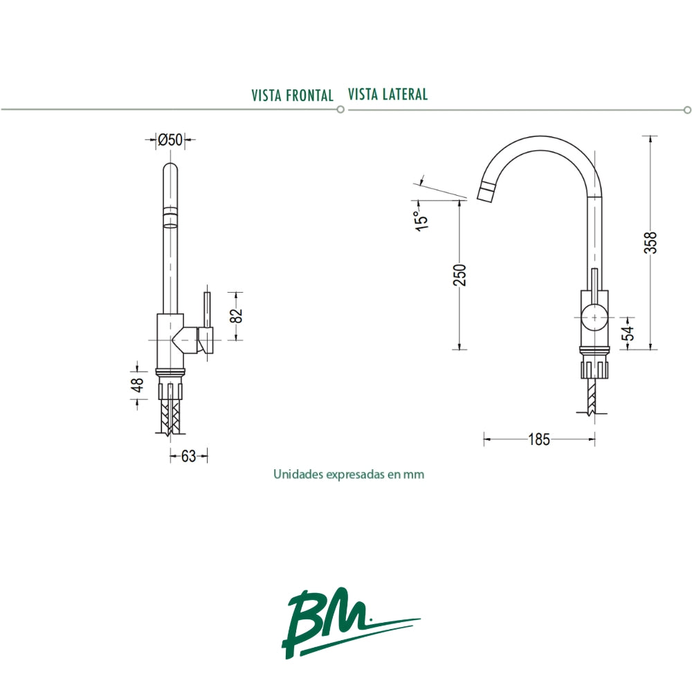LLAVE MONOMANDO DE FREGADOR ACABADO ACERO INOXIDABLE BM-7011