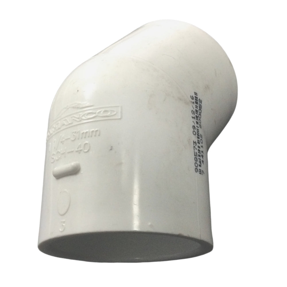 CODO 45° PVC 31MM-1-1/4 PULGADAS PRESION SCH-40 C/C
