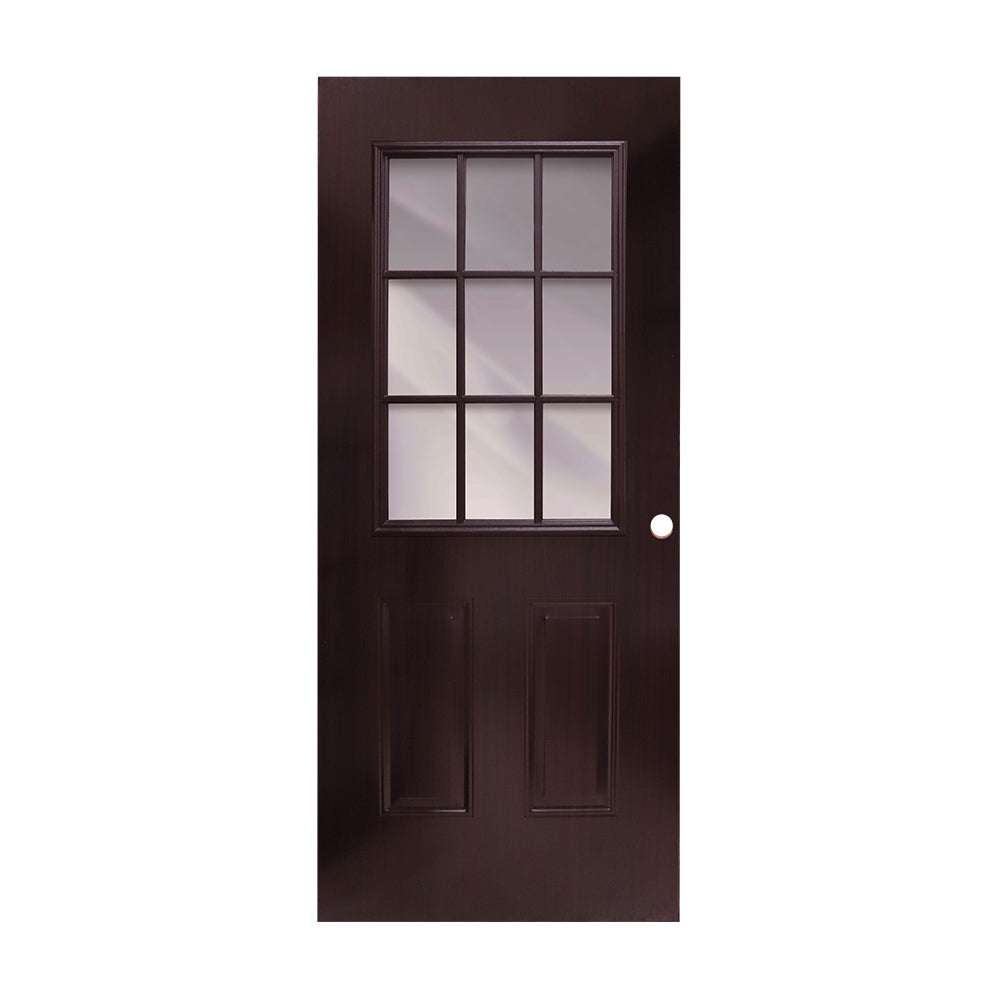 PUERTA DE METAL 3' X 7' CON BASTIDOR DE MADERA 9 VIDRIOS ACABADO MADERA CAOBA METALPRO