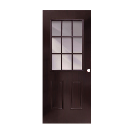 PUERTA DE METAL 3' X 7' CON BASTIDOR DE MADERA 9 VIDRIOS ACABADO MADERA CAOBA METALPRO