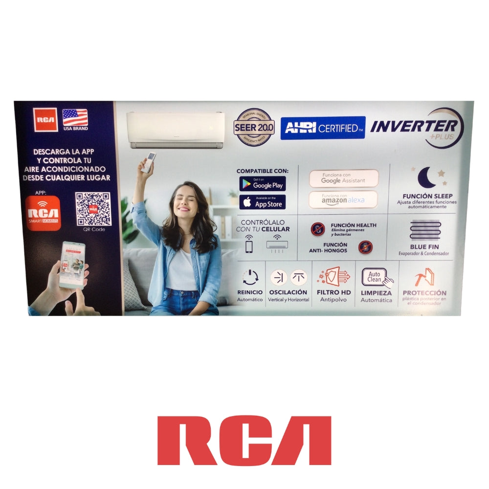AIRE ACONDICIONADO SPLIT RCA, 12KBTU, INVERTER PLUS, WIFI, BLUETOOTH, SEER 18 RCSA1202INV