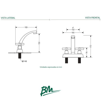 LLAVE PARA LAVAMANOS DE 4 PULGADAS MANIJA DE CRUZ IDEAL BM-C50103