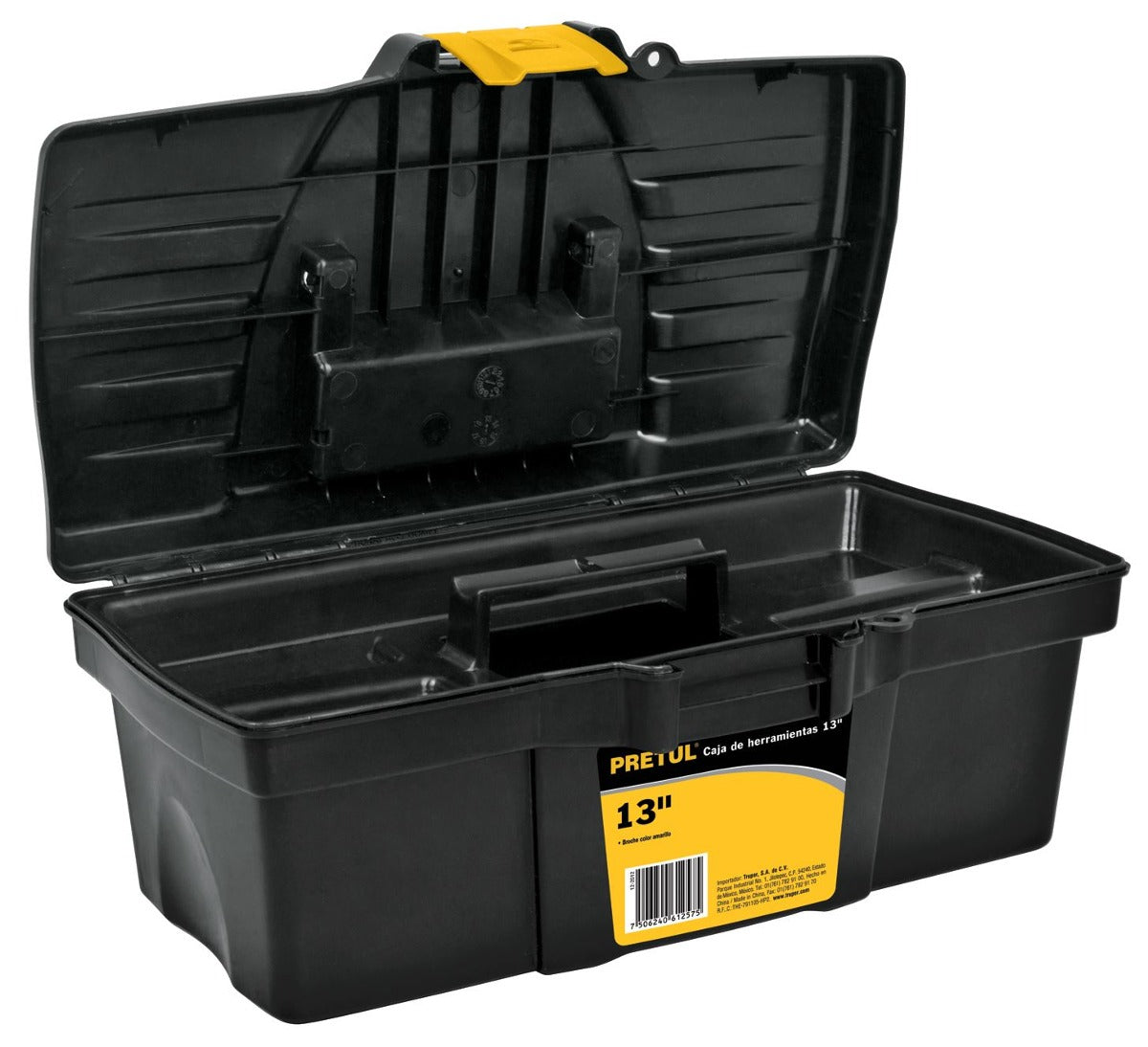 CAJA PARA HERRAMIENTAS 19 PULGADAS NEGRO CON AMARILLO Y BROCHE PRETUL