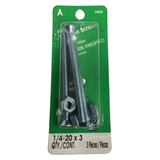 TORNILLO DE MAQUINA CON TUERCA CAB PLANA PHILLIPS 1/4 PULGADAS-20 x 3 PULGADAS ROSCA ESTANDAR