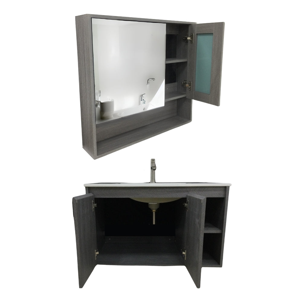 MUEBLE DE BAÑO DE PVC CON LAVAMANO Y GRIFERIA YATES 0.8X0.465X0.5 M INCLUYE BOTIQUIN CON ESPEJO 0.75X0.15X0.7 M PE10-80 GRIS MADERA