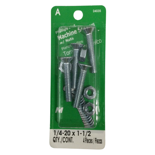 TORNILLO DE MAQUINA CON TUERCA CAB PLANA PHILLIPS 1/4 PULGADAS-20 x 1-1/2 PULGADAS ROSCA ESTANDAR