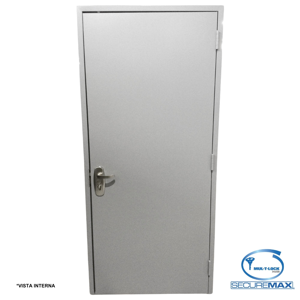 PUERTA DE SEGURIDAD LISA CON MARCO 3 PIES X 7 PIES GRIS IZQUIERDA CON CERRADURA PLATEADA SECURE MAX