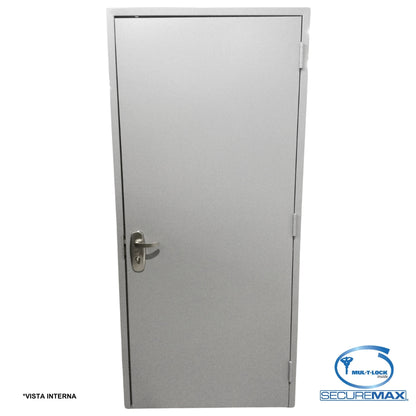 PUERTA DE SEGURIDAD LISA CON MARCO 3 PIES X 7 PIES GRIS IZQUIERDA CON CERRADURA PLATEADA SECURE MAX