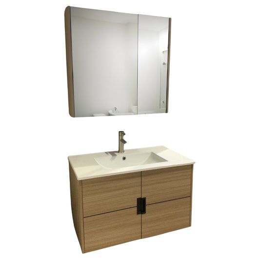 MUEBLE DE BAÑO DE PVC CON LAVAMANO Y GRIFERIA DIAMOND 0.8X0.465X0.5 M INCLUYE BOTIQUIN CON ESPEJO 0.75X0.15X0.7 M PE9-80 ROBLE BEIGE